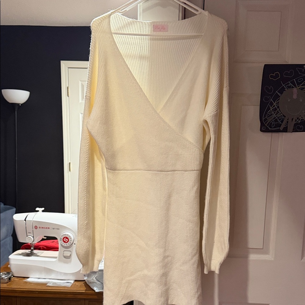 Pink Lily Elegant Cream Long Sleeve Dress